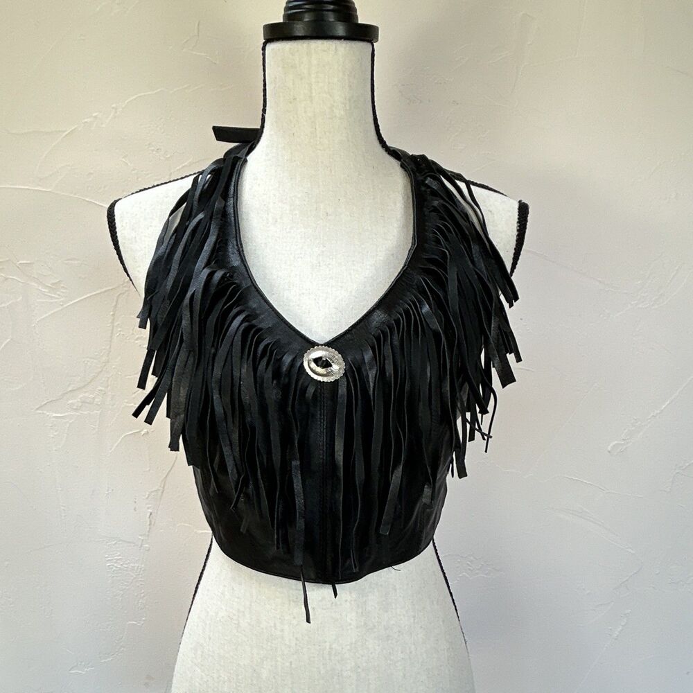 Leather Gallery Black Leather Fringe V-Neck Halter Tie Top Biker Women’s Size M